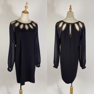 VINTAGE 90s Gold Embroidered Cut Out Long Sleeve Black Shift Dress 10